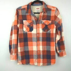 Levis Navy Blue & Orange Plaid Button Up Waffle Knit Lined Shirt SZ Youth Medium